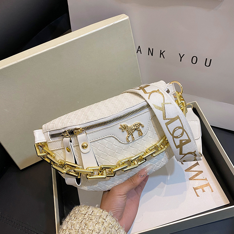 2024 new fashion women's bag niche trend personality chest bag wide shoulder strap PU crossbody dumpling bag portable chain bag
