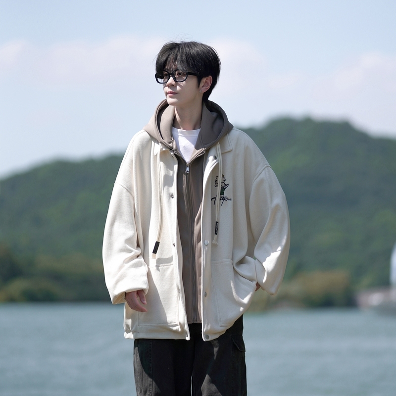 Camera film original large size Hong Kong style hooded fake two piece loose baseball uniform jacket