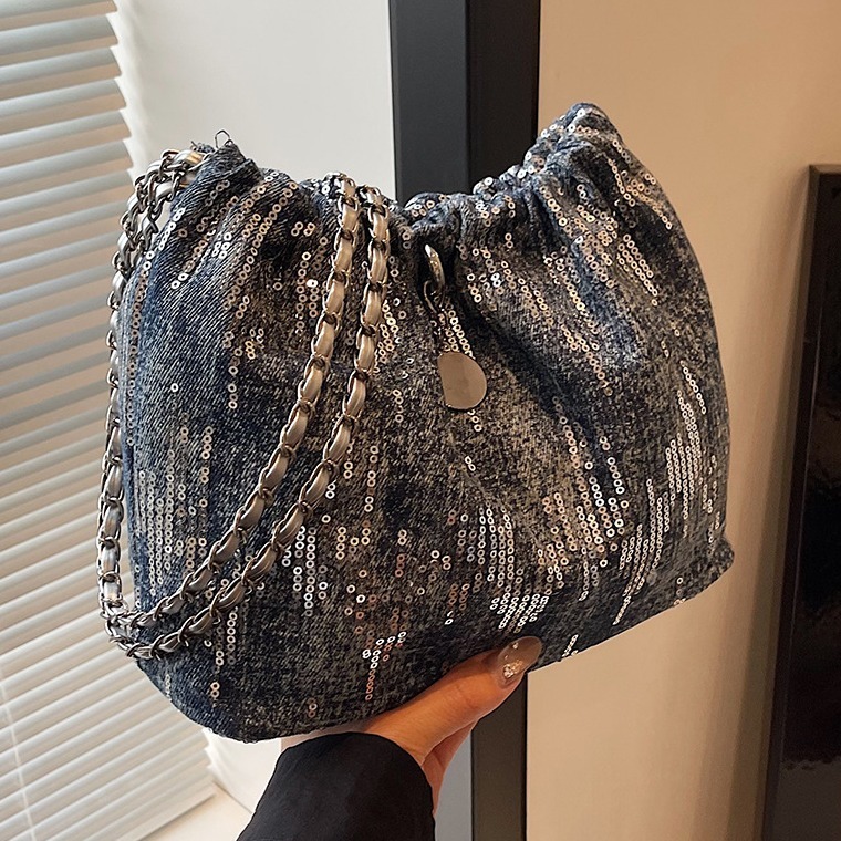 High-end niche design bag for women 2024 new chain shoulder crossbody bag cloth bag sequined versatile bucket bag