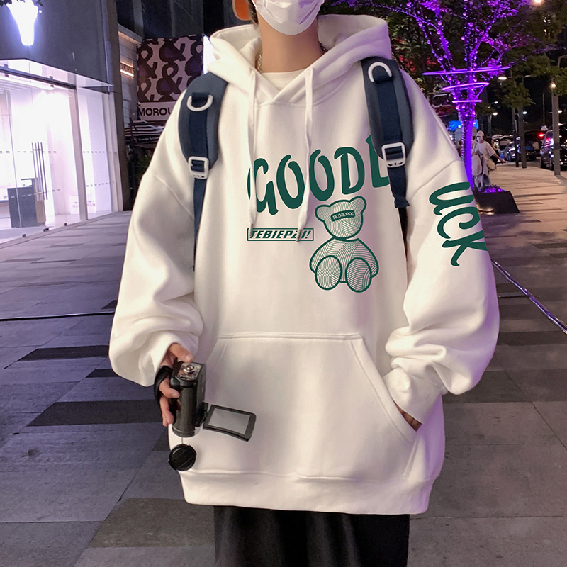 Autumn and winter pure cotton hooded sweatshirt for men with loose lettering cartoon print for couples