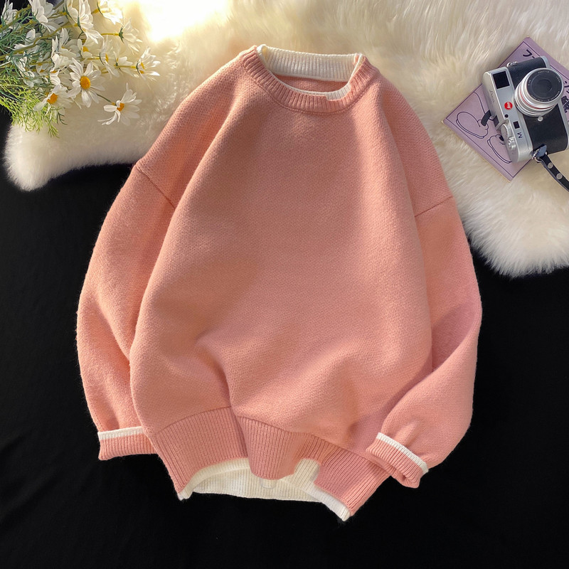 Couple wear long-sleeved sweater for men and women Hong Kong style loose pullover sweater solid color windbreaker