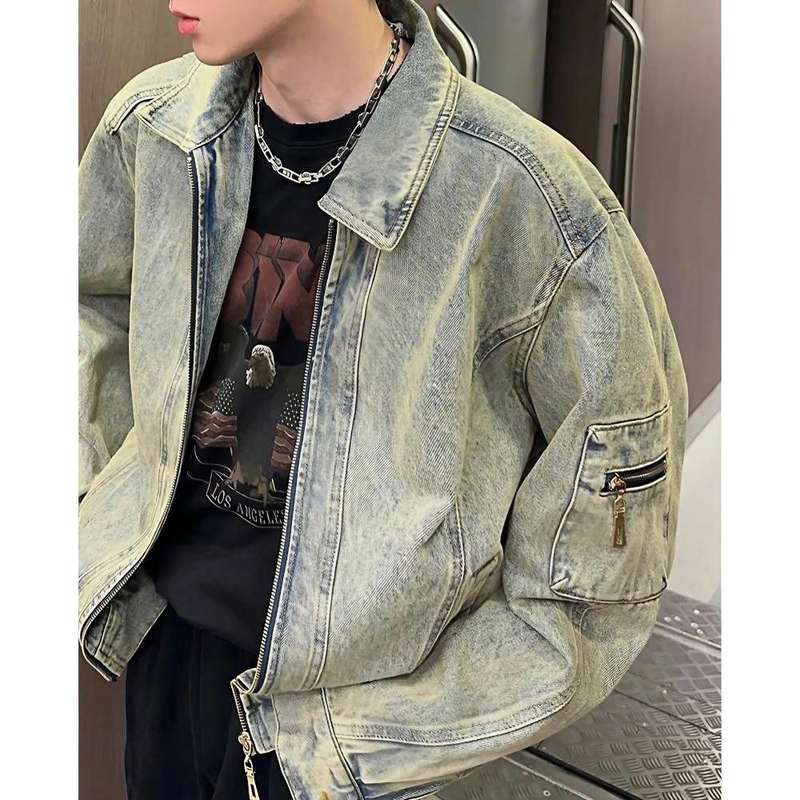American short denim jacket for men, high-end, handsome and fashionable brand stand collar denim jacket