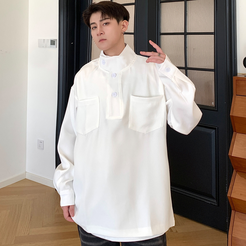 QS020* Autumn and winter stand-up collar shirt men's design niche ins simple light luxury Korean style casual handsome pullover