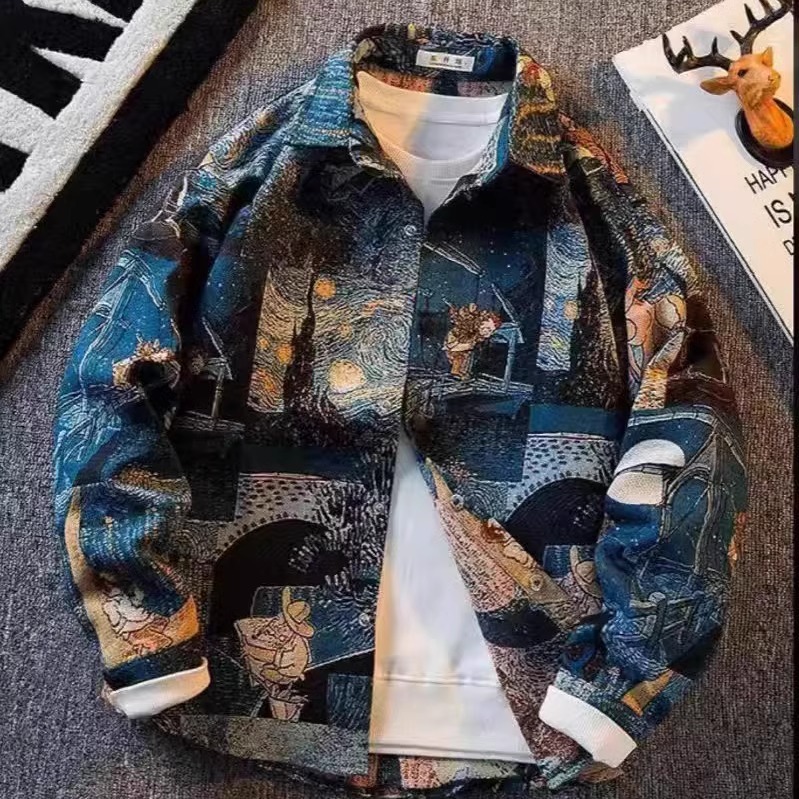 Versatile jacquard lapel shirt shirt Van Gogh oil painting shirt