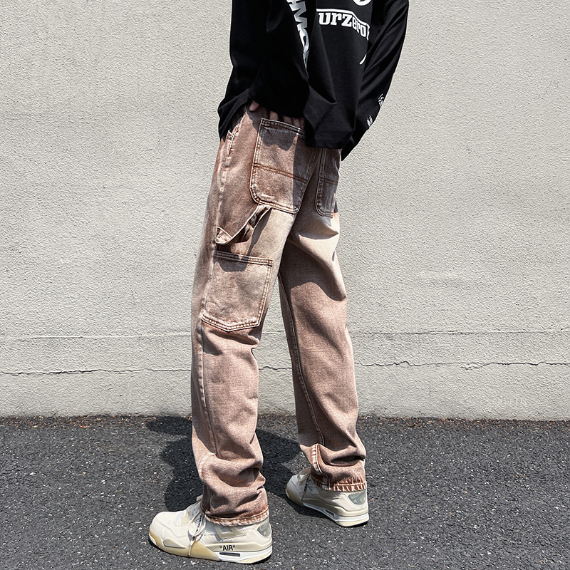 American vibe style pants high street men's trendy ins slightly flared brown jeans men's straight overalls