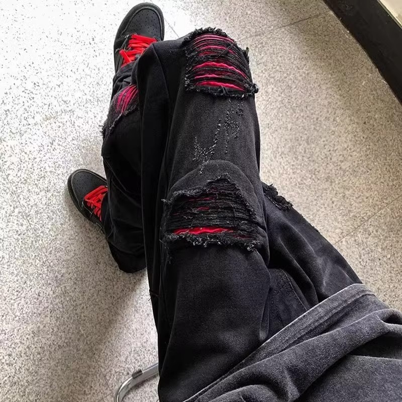 Ripped patch jeans for men ins fashion brand hip-hop American style straight zipper slit trousers