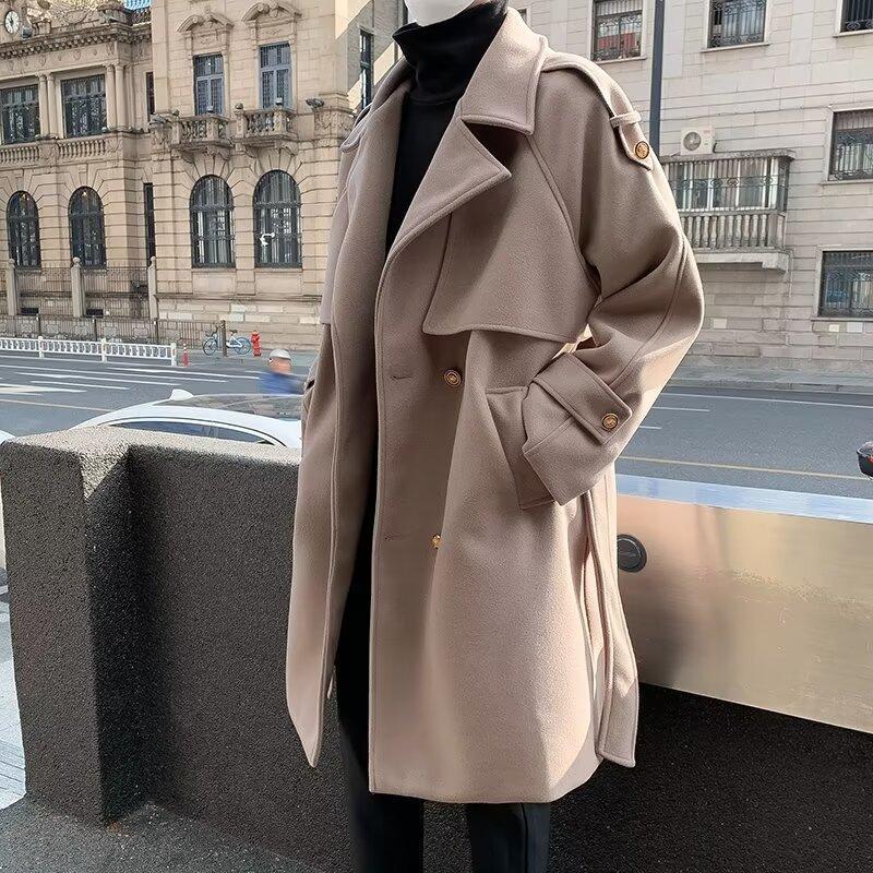 Belt style woolen coat men's mid-length autumn and winter handsome loose casual over-the-knee windbreaker jacket