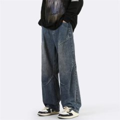 Spliced ​​jeans men's autumn and winter wide-leg loose straight pants high-end American high street