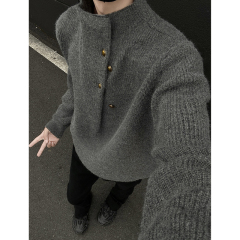Heavy 890G autumn and winter 1 retro high collar button design loose knitted sweater