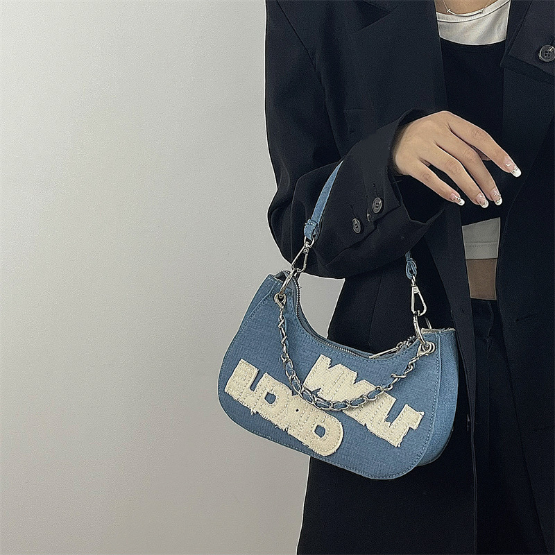 Chain denim Yuanbao bag women's new embroidery print versatile handbag high-end texture crossbody bag trendy