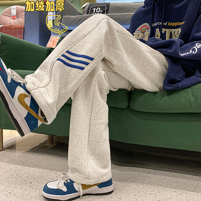 Velvet thickened sweatpants men's spring and autumn loose trendy brand straight sports casual pants ins trend warm wide-leg pants