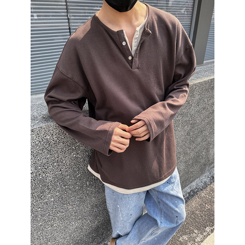 Double-layer collar contrast color long-sleeved top fake two-piece t-shirt men's henley shirt bottoming