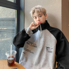 Men's sweatshirt autumn American heavyweight contrast color raglan sleeve half zipper