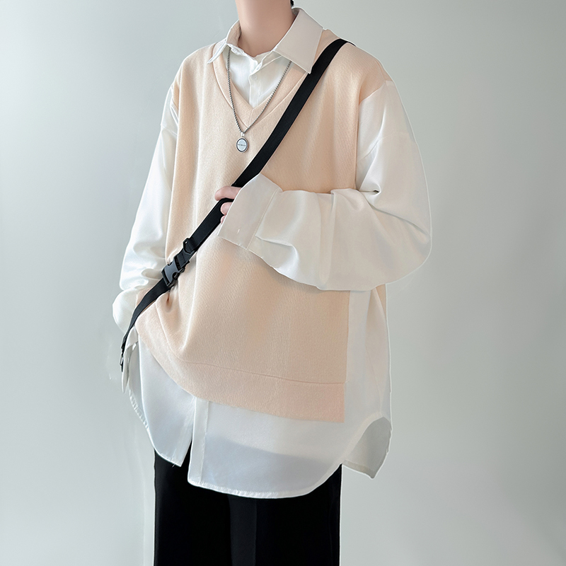 Fake two-piece long-sleeved shirt, loose shirt, Hong Kong style casual all-match top