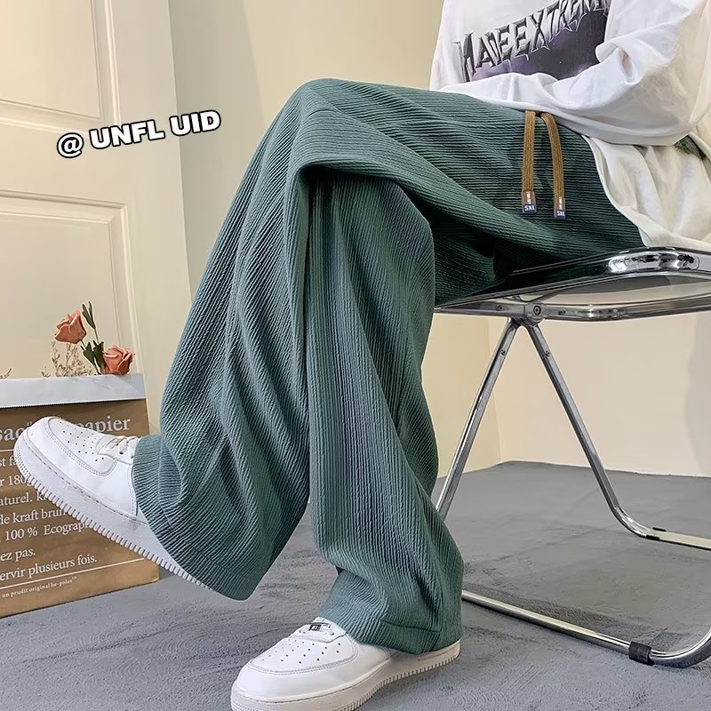 Men's casual pants, loose legged trousers, autumn drawstring sweatpants, ins sports pants, wide-leg pants, trendy ice silk material