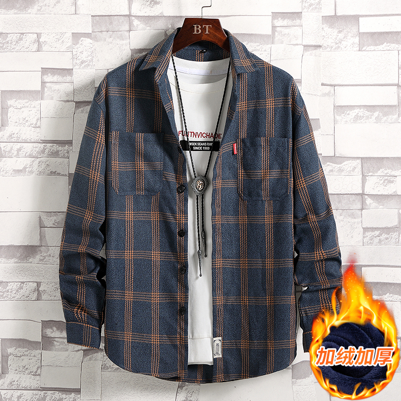 Hong Kong style warm shirt men's long sleeve winter velvet thickened shirt trendy