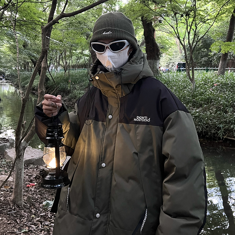 Jackets and cotton coats for men in winter, ins trendy outdoor hooded trendy cotton clothing, trendy stitching, thickened loose jackets
