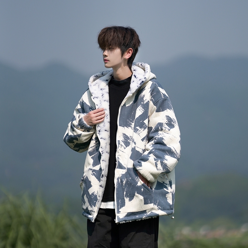 Camera film reversible large size loose cotton coat plush cotton jacket plus velvet thickened jacket