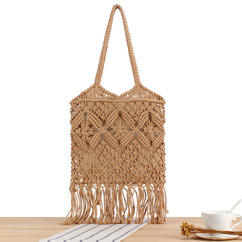 Bohemian cotton rope hand-woven bag casual travel shoulder bag retro hollow solid color mesh bag