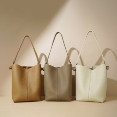 Bucket bag for women 2024 simple first layer cowhide tote bag niche large capacity versatile tablet commuter shoulder bag