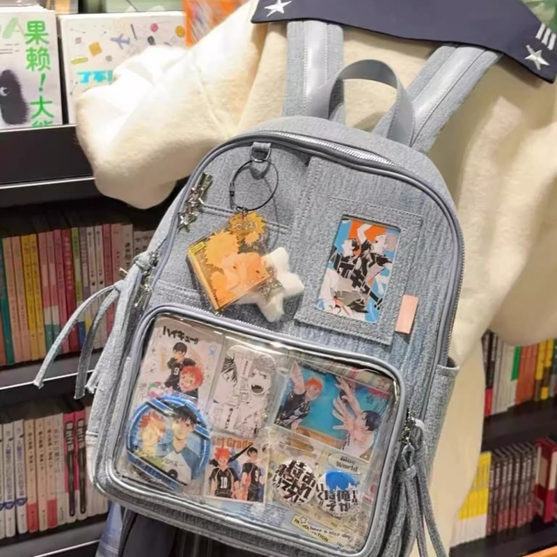 Japanese denim backpack student class large capacity 14-inch versatile commuter school bag two-dimensional bar Chi Pain bag trend