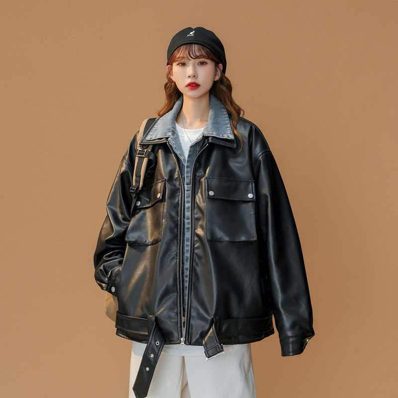 Autumn and winter new Hong Kong style fake two-piece leather jacket with denim and leather jacket