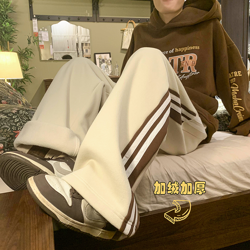 Lamb velvet sweatpants men's autumn and winter thickened velvet loose Velcro sweatpants trendy brand ins leg casual pants