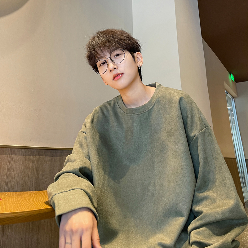 Hong Kong style large size long T solid color suede pullover round neck long sleeve sweatshirt