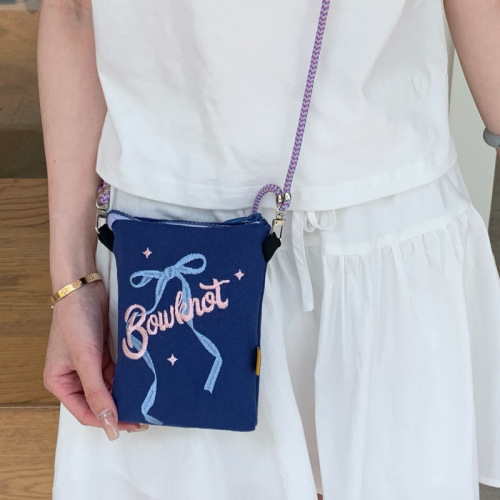 2024 New Ribbon Bow Letter Embroidery Crossbody Fresh One Shoulder Mobile Phone Bag for Women Literary