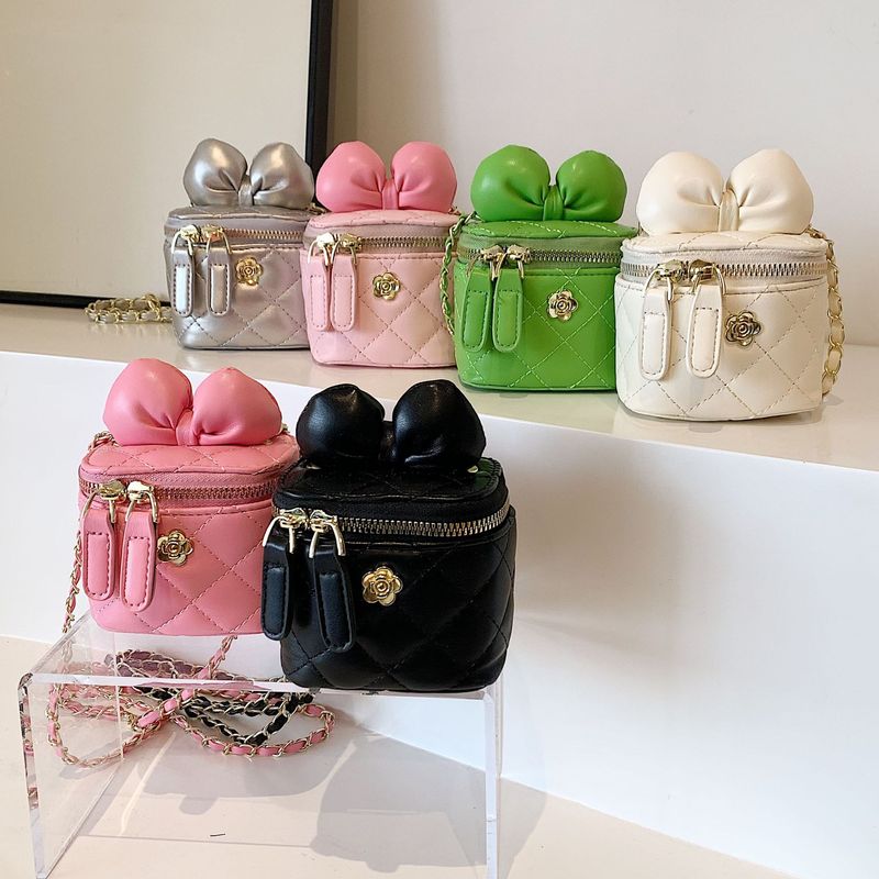 Kindergarten cute bow PU shoulder bag fashionable chain plaid crossbody bag large capacity rhombus children's bag