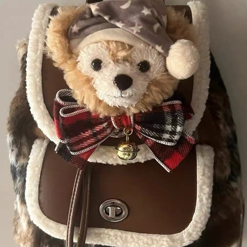 Sweet lady lamb wool backpack large capacity plaid backpack autumn and winter new student plush school bag for women
