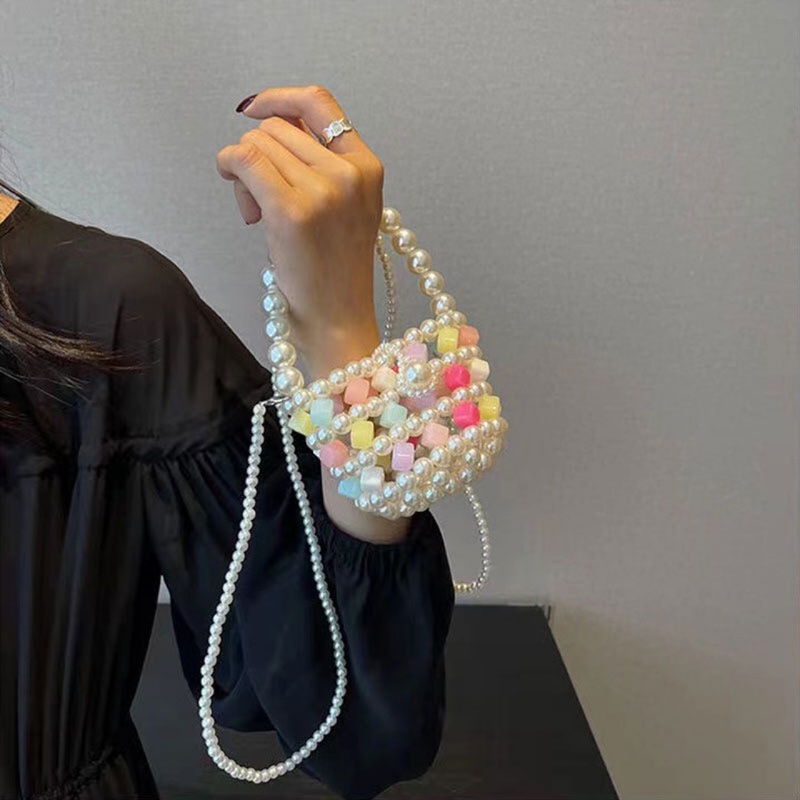 Xia Xin mini pearl bag candy color handmade diy material bag woven beaded vegetable basket hand-held crossbody for women