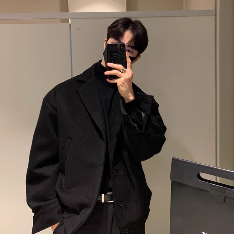 High quality autumn and winter Korean style men's short woolen coat thickened woolen loose cotton coat