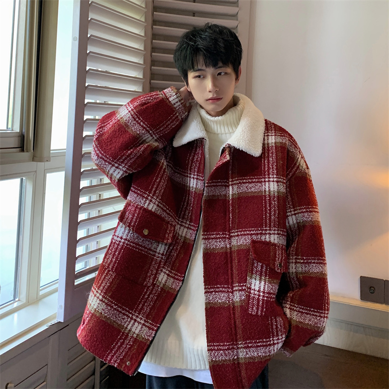 Hong Kong style winter woolen plaid coat lining lambswool loose thickened cotton coat