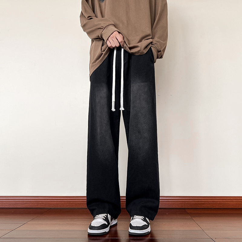 Hong Kong style new men's loose straight pants distressed denim casual pants