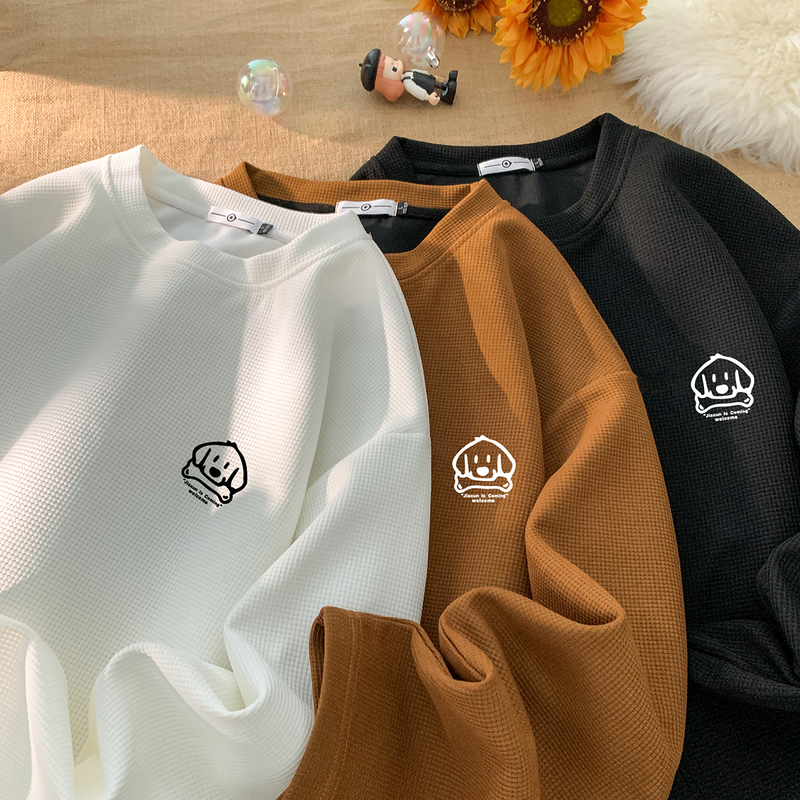 Q trendy casual waffle printed round neck long-sleeved T-shirt large size loose bottoming