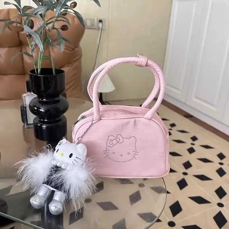 Cute Hello Kitty handbag, high-end satin ballet style tote bag, girl's large-capacity handbag, baseball bag