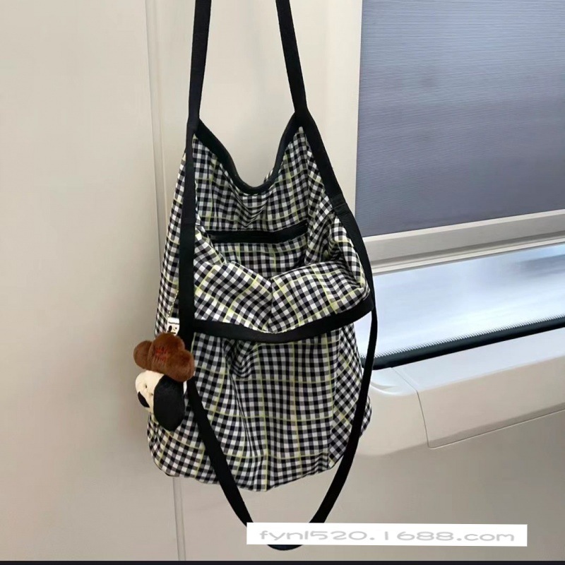 Striped plaid canvas bag ins Japanese style literary lazy style shopping bag handbag large capacity commuter shoulder bag