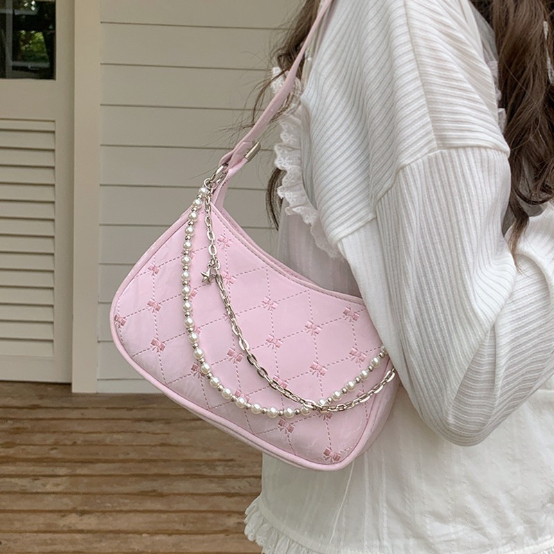 Spring and summer new bags 2024 pearl chain bag sweet and cute armpit bag fashionable one-shoulder cross-body commuter bag for women