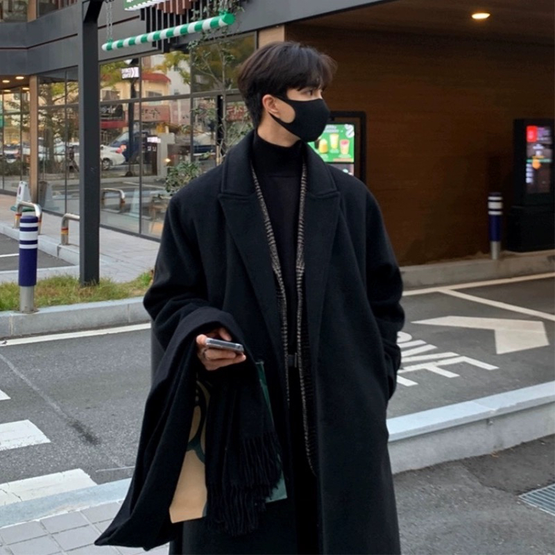 Woolen coat men's winter mid-length knee-length lace-up windbreaker
