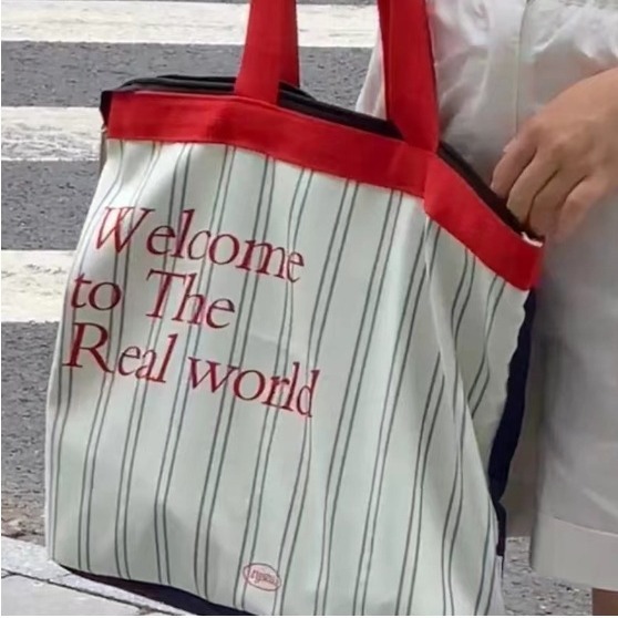 College Style Striped Large Capacity Letter Tote Bag Versatile Lazy Style Single Room Canvas Bag Contrast Color Handbag Bag