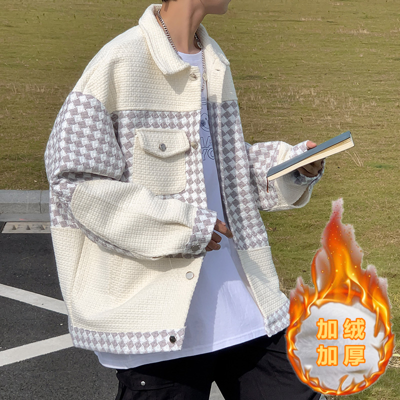 Small fragrant style plaid jacket loose Hong Kong style lamb wool jacket men's velvet thickened jacket