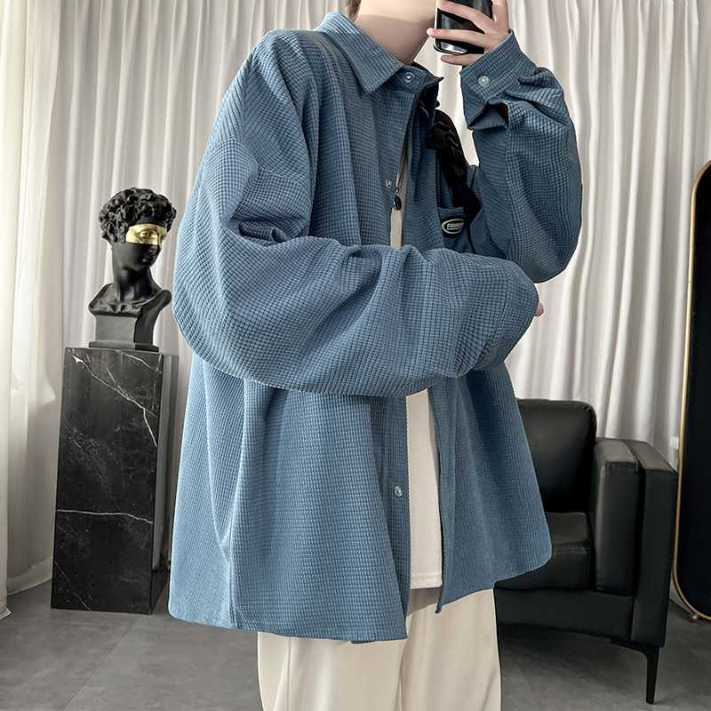 Waffle shirt long sleeve trendy Hong Kong style handsome casual shirt