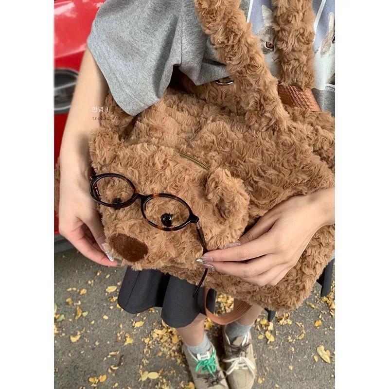 Cartoon plush bag for women 2024 new cute cartoon doll bear bag large capacity backpack plush bag