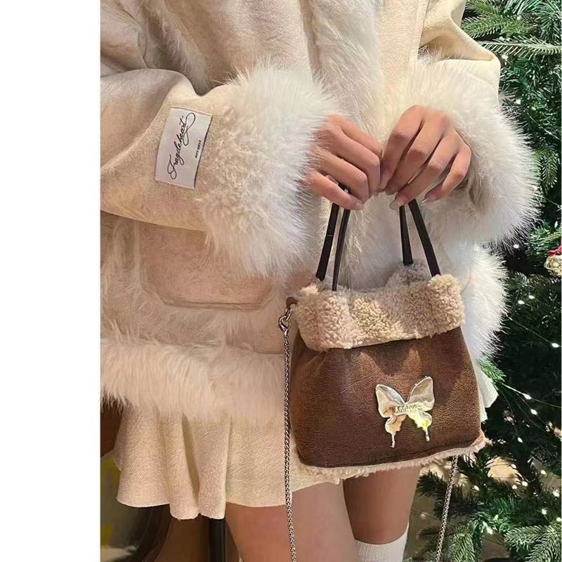 Original Caramel Milk Coffee Bucket Bag New Box Bag Women's Christmas Bag Lambswool Messenger Bag Autumn and Winter