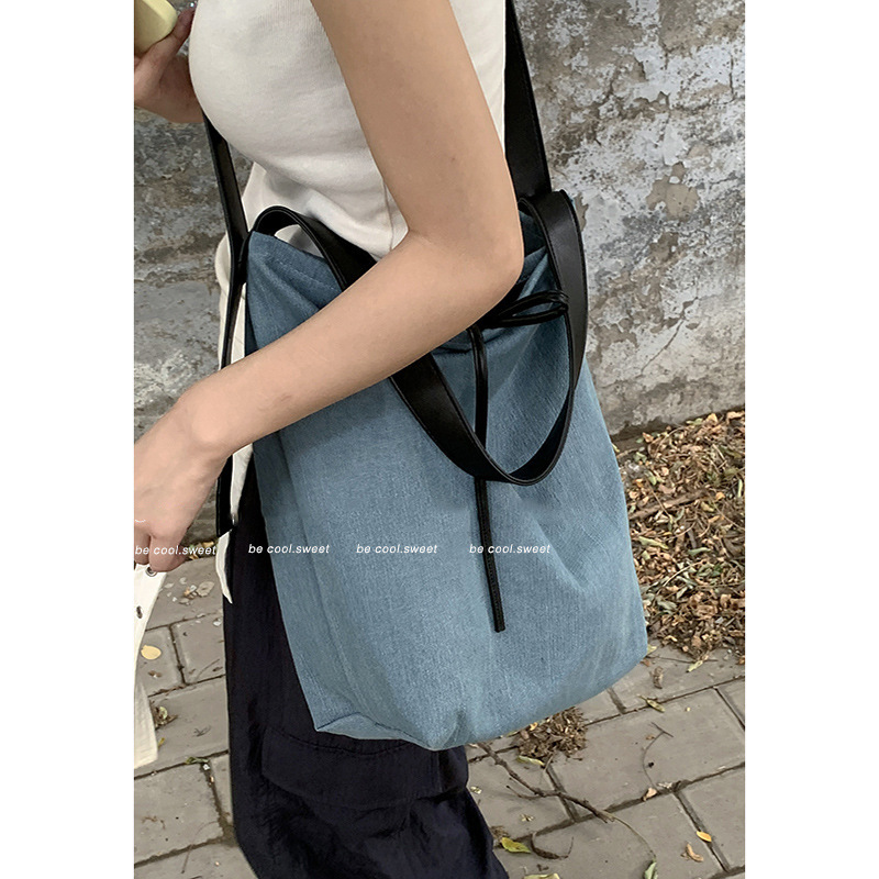 Korean large-capacity denim bag for women summer 2024 new simple bucket bag single shoulder crossbody bag large bag