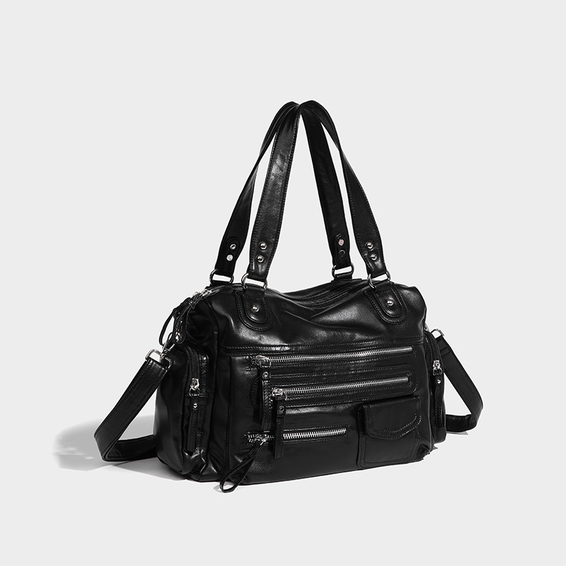 Black retro zipper motorcycle bag 2024 new casual soft handbag light luxury college style single shoulder crossbody bag