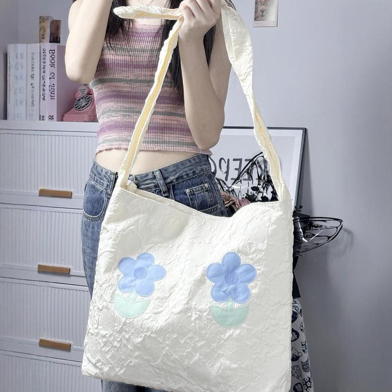 Small fresh and cute flower handbag for women 2024 new super soft and waxy large capacity student canvas single shoulder crossbody bag