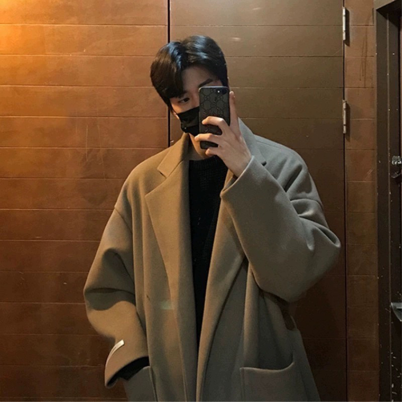 Woolen coat men's winter mid-length knee-length lace-up windbreaker