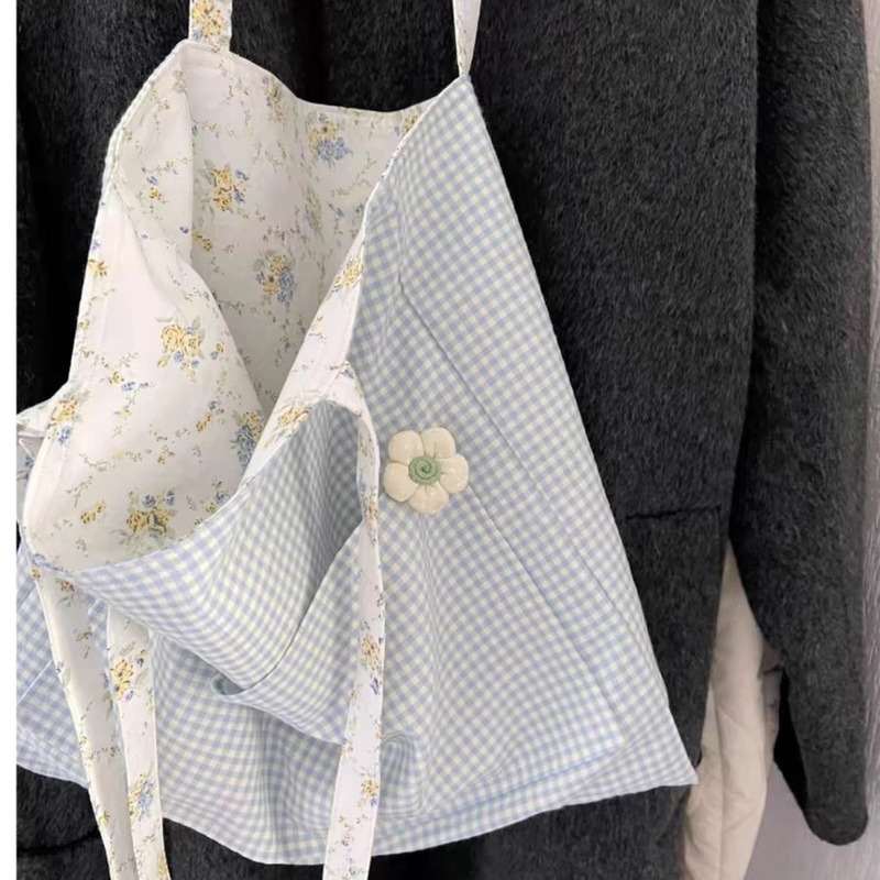 Niche design summer new sweet floral canvas bag 2024 simple plaid shoulder bag large capacity tote bag